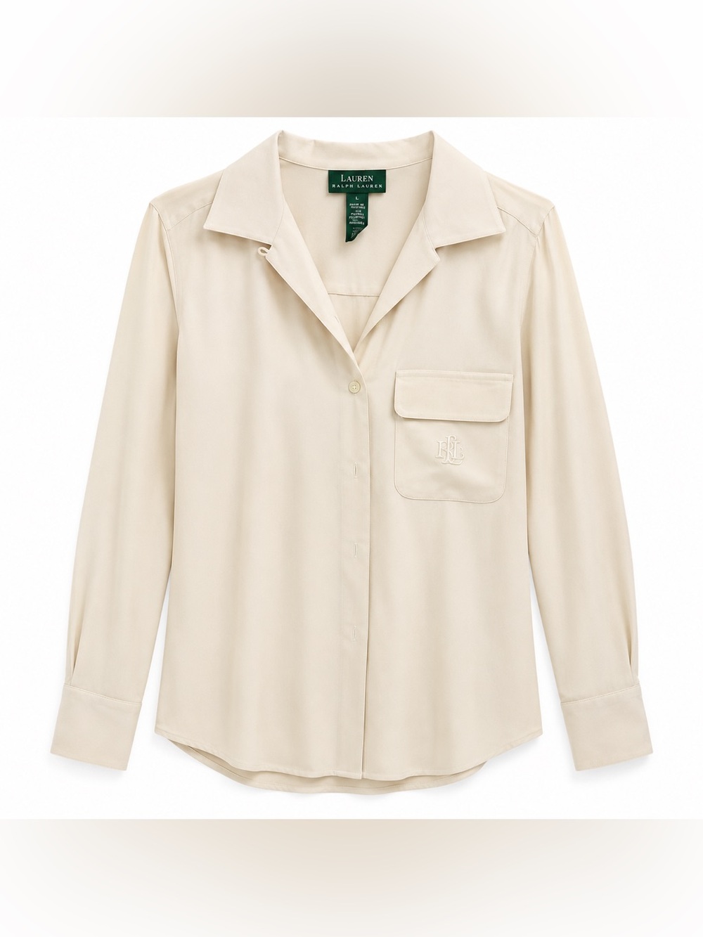 Lauren Ralph Lauren Women’s Silk Blouse Size 10 Ivory Cream Monogram Pocket - Picture 1 of 4